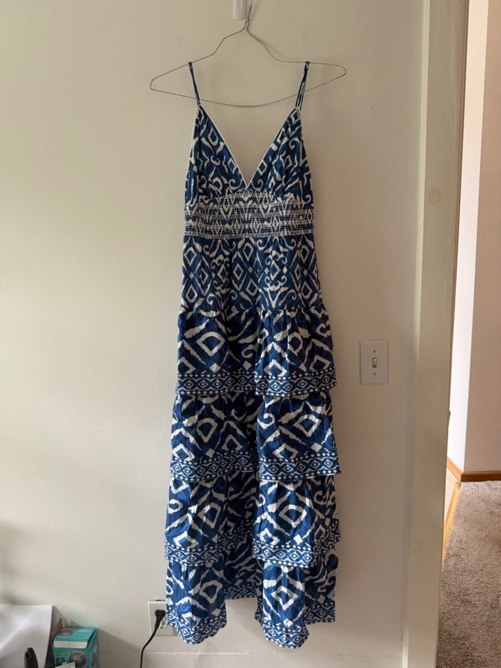 NWT Caroline Constas Tribal Print Tiered Sleeveless Maxi Dress in Blue Small